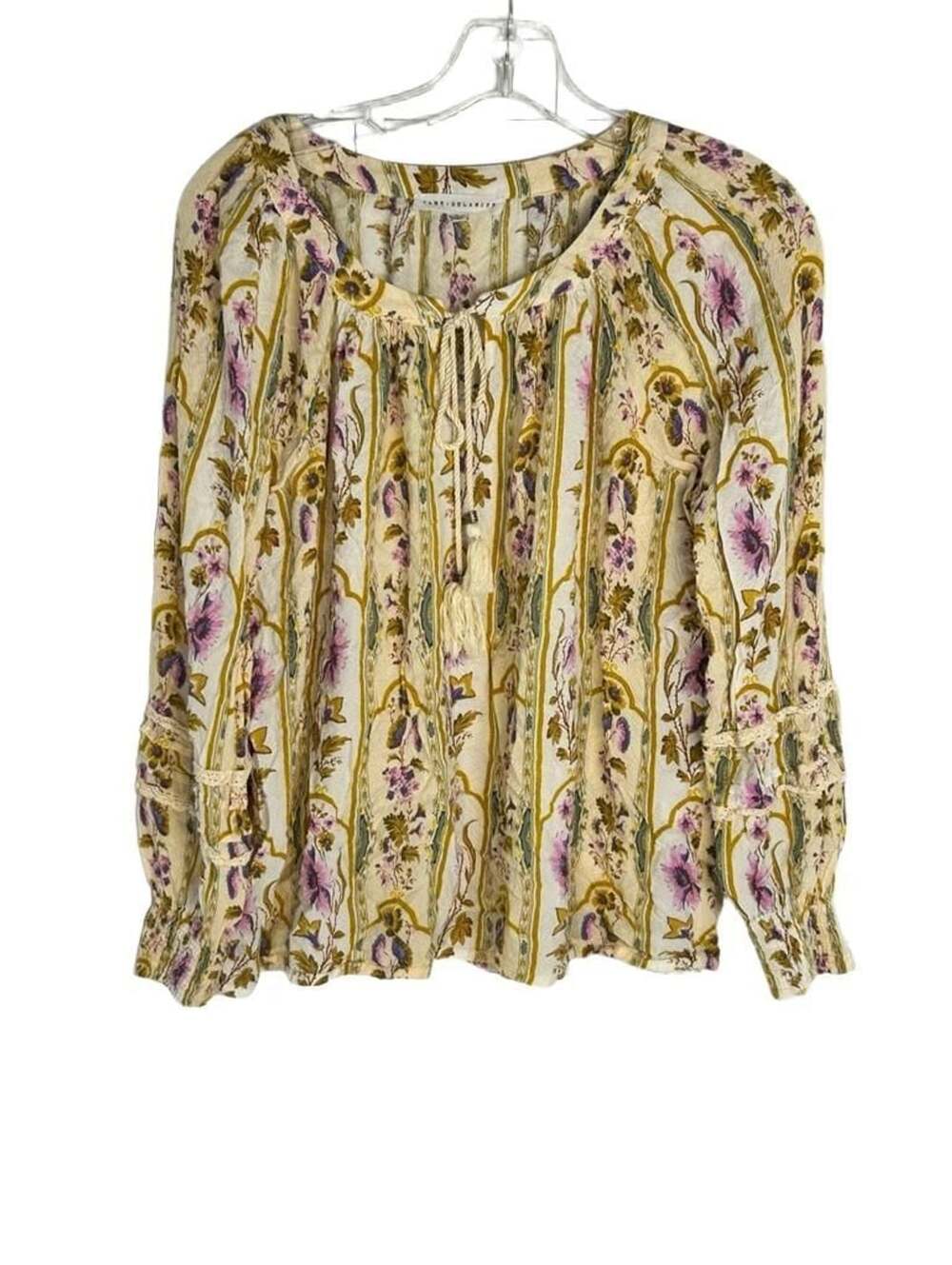 Jane + Delancey Floral Top Blouse Size M Tie Neck Long Sleeve Flowy Cottage